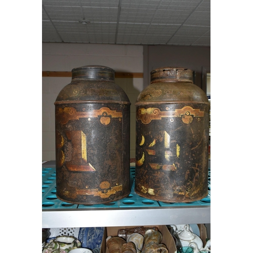 518 - TWO TOLEWARE TEA CANISTERS, numbered 21 and 34, one (21) with John Gilbert & Co mark verso, the othe... 