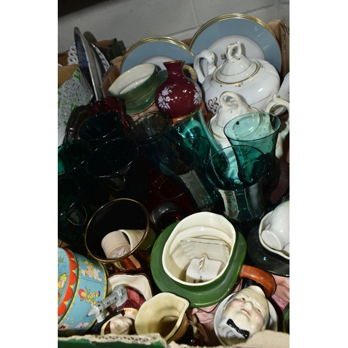 519 - THREE BOXES OF CERAMICS, GLASS AND SUNDRY ITEMS, to include a small copper vase by Henry Loveridge &... 