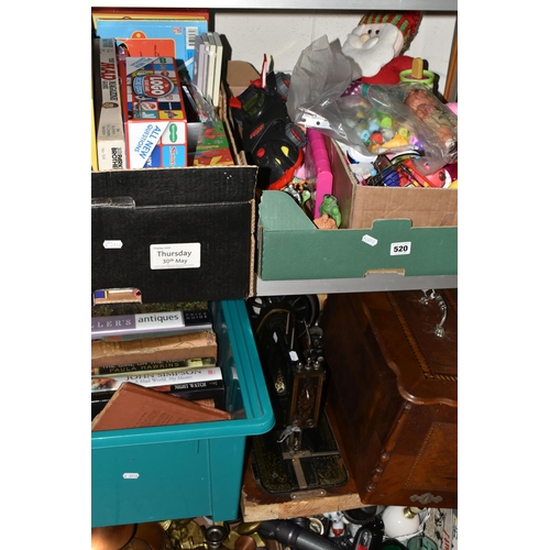 520 - THREE BOXES AND LOOSE TOYS, GAMES, BOOKS, SEWING MACHINE AND SUNDRY ITEMS, to include a Tunbridge wa... 