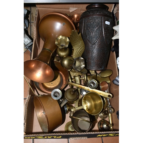 521 - TWO BOXES OF METALWARE AND SUNDRY ITEMS, to include two Westclox copper saucepan clocks, copper jugs... 