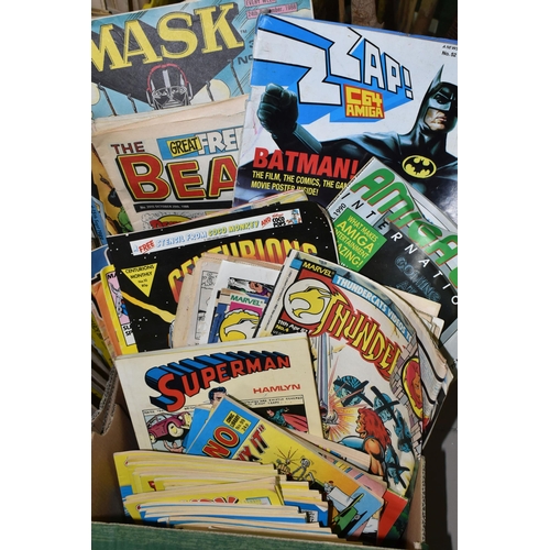 526 - THREE BOXES OF COMICS, mainly 1980s, to include Masters of the Universe, Thundercats, Beezer, Whizze... 