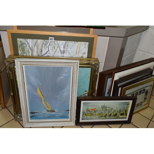 527 - A SELECTION OF PAINTINGS AND PRINTS ETC,  to include a Richard Lamb oil on board depicting a yacht u... 