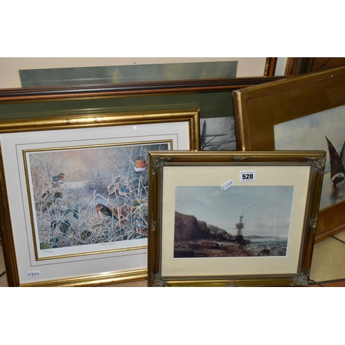 528 - A SMALL SELECTION OF PAINTINGS AND PRINTS ETC, comprising a late 20th century coastal watercolour si... 