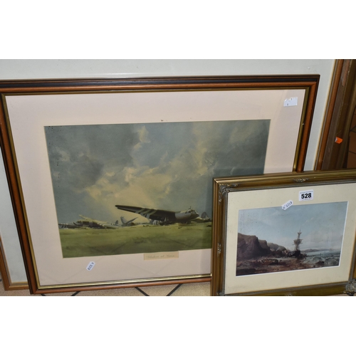 528 - A SMALL SELECTION OF PAINTINGS AND PRINTS ETC, comprising a late 20th century coastal watercolour si... 