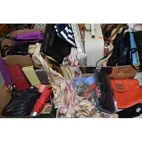 531 - FOUR BOXES OF HANDBAGS, SCARVES AND GLOVES, to include two boxes of bags, brands to include Oasis an... 