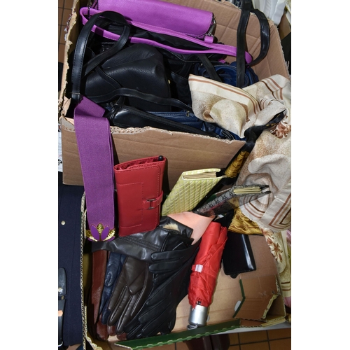 531 - FOUR BOXES OF HANDBAGS, SCARVES AND GLOVES, to include two boxes of bags, brands to include Oasis an... 