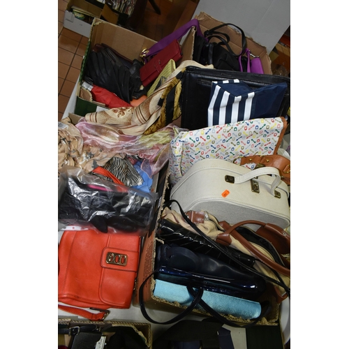 531 - FOUR BOXES OF HANDBAGS, SCARVES AND GLOVES, to include two boxes of bags, brands to include Oasis an... 