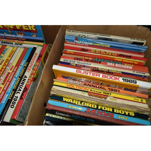 537 - FOUR BOXES OF CHILDREN'S ANNUALS containing over 140 titles to include The Beano, The Dandy, Topper,... 