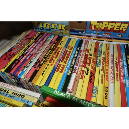 537 - FOUR BOXES OF CHILDREN'S ANNUALS containing over 140 titles to include The Beano, The Dandy, Topper,... 