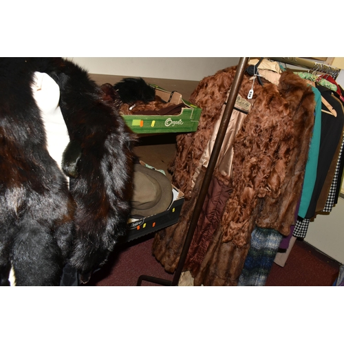 539 - TWO BOXES AND LOOSE LADIES VINTAGE CLOTHING, to include a brown shearling evening cape and an ankle ... 