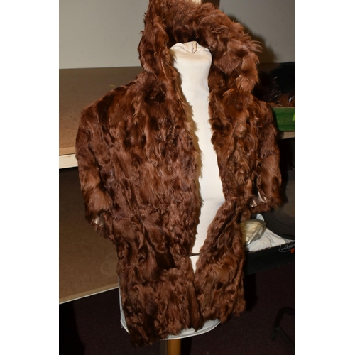 539 - TWO BOXES AND LOOSE LADIES VINTAGE CLOTHING, to include a brown shearling evening cape and an ankle ... 