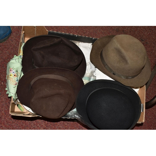 539 - TWO BOXES AND LOOSE LADIES VINTAGE CLOTHING, to include a brown shearling evening cape and an ankle ... 