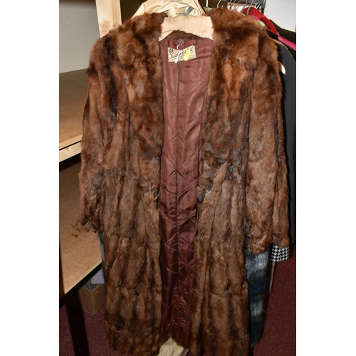 539 - TWO BOXES AND LOOSE LADIES VINTAGE CLOTHING, to include a brown shearling evening cape and an ankle ... 