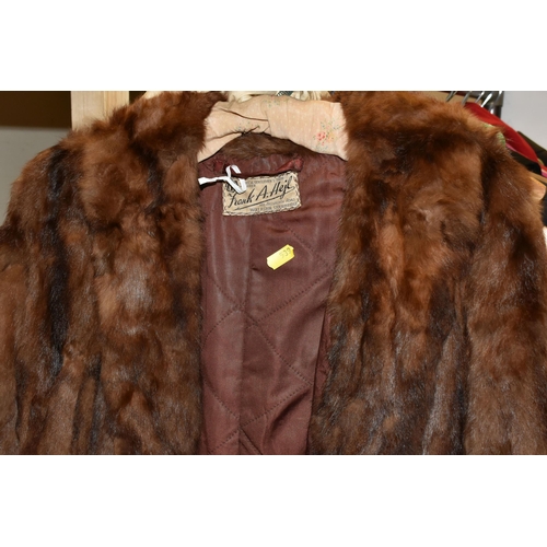 539 - TWO BOXES AND LOOSE LADIES VINTAGE CLOTHING, to include a brown shearling evening cape and an ankle ... 