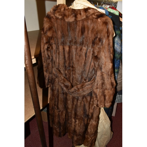 539 - TWO BOXES AND LOOSE LADIES VINTAGE CLOTHING, to include a brown shearling evening cape and an ankle ... 