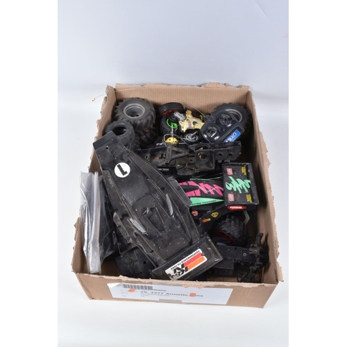 107 - THREE BOXES OF LOOSE RC CARS, CONTROLLERS AND PARTS, all in an AF condition, including Kyosho models... 