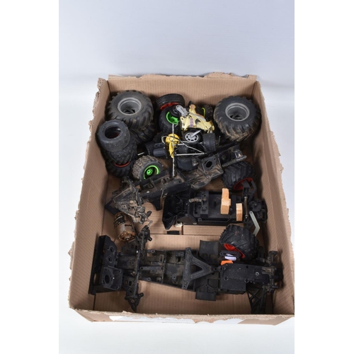 107 - THREE BOXES OF LOOSE RC CARS, CONTROLLERS AND PARTS, all in an AF condition, including Kyosho models... 