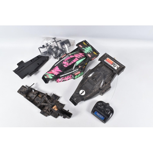 107 - THREE BOXES OF LOOSE RC CARS, CONTROLLERS AND PARTS, all in an AF condition, including Kyosho models... 