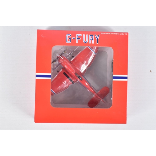 114 - SIX BOXED DIECAST MODEL AIRCRAFTS, the first is a G-Fury 1:72 scale model numbered WTW-72-015-00A, t... 