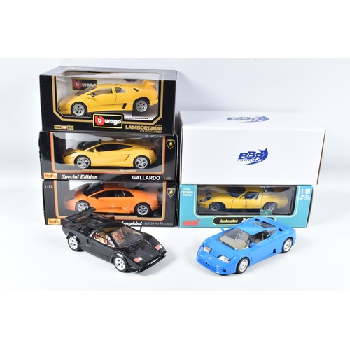 119 - FIVE BOXED AND TWO LOOSE DIECAST MODEL VEHICLES, to include a Bburago Lamborghini Countach 1988 numb... 