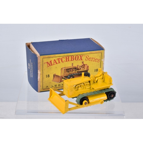 134 - FOUR BOXED MATCHBOX SERIES DIECAST CONSTRUCTION VEHICLES, Caterpillar Bulldozer, No.18, green tracks... 