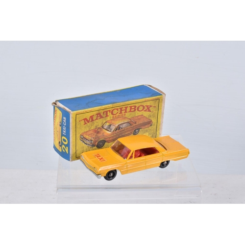 140 - SIX BOXED MATCHBOX SERIES DIECAST MODELS, Chevrolet Impla Taxi No.20, red interior, black plastic wh... 