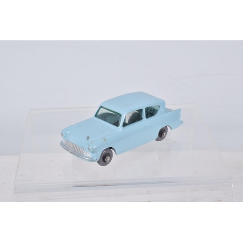 144 - FIVE BOXED MATCHBOX SERIES BRITISH CAR MODELS, Ford Anglia, No.7, grey plastic wheels, Austin A55 Ca... 