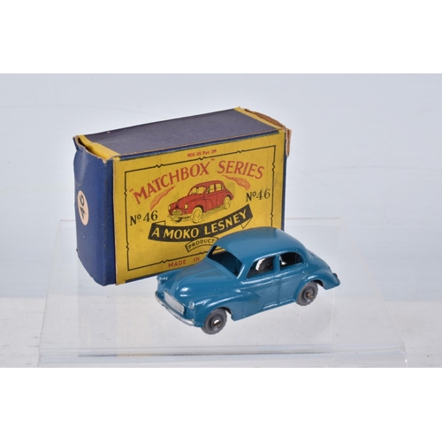 144 - FIVE BOXED MATCHBOX SERIES BRITISH CAR MODELS, Ford Anglia, No.7, grey plastic wheels, Austin A55 Ca... 