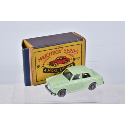 144 - FIVE BOXED MATCHBOX SERIES BRITISH CAR MODELS, Ford Anglia, No.7, grey plastic wheels, Austin A55 Ca... 