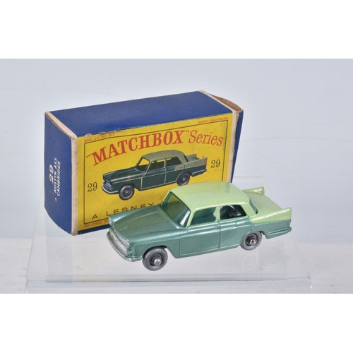 144 - FIVE BOXED MATCHBOX SERIES BRITISH CAR MODELS, Ford Anglia, No.7, grey plastic wheels, Austin A55 Ca... 