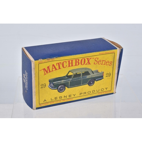 144 - FIVE BOXED MATCHBOX SERIES BRITISH CAR MODELS, Ford Anglia, No.7, grey plastic wheels, Austin A55 Ca... 