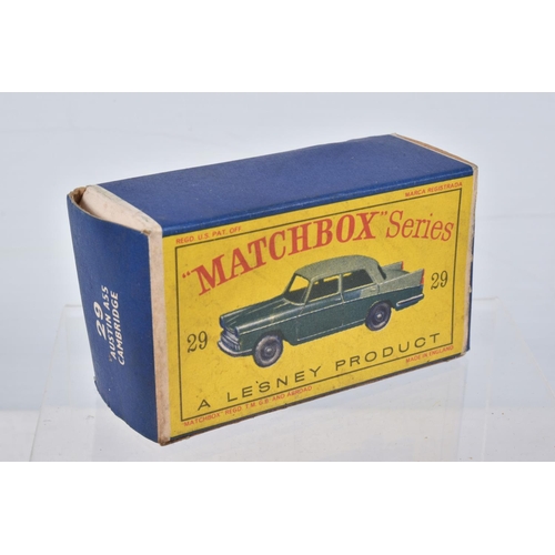 144 - FIVE BOXED MATCHBOX SERIES BRITISH CAR MODELS, Ford Anglia, No.7, grey plastic wheels, Austin A55 Ca... 