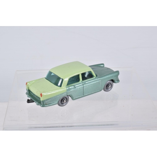 144 - FIVE BOXED MATCHBOX SERIES BRITISH CAR MODELS, Ford Anglia, No.7, grey plastic wheels, Austin A55 Ca... 