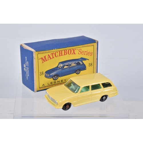 144 - FIVE BOXED MATCHBOX SERIES BRITISH CAR MODELS, Ford Anglia, No.7, grey plastic wheels, Austin A55 Ca... 