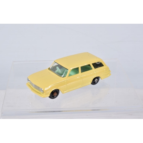 144 - FIVE BOXED MATCHBOX SERIES BRITISH CAR MODELS, Ford Anglia, No.7, grey plastic wheels, Austin A55 Ca... 