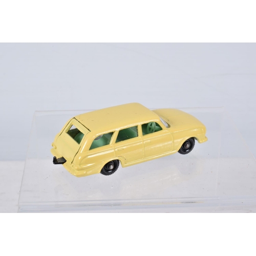 144 - FIVE BOXED MATCHBOX SERIES BRITISH CAR MODELS, Ford Anglia, No.7, grey plastic wheels, Austin A55 Ca... 