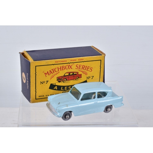 144 - FIVE BOXED MATCHBOX SERIES BRITISH CAR MODELS, Ford Anglia, No.7, grey plastic wheels, Austin A55 Ca... 