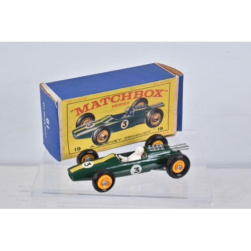 149 - FIVE BOXED MATCHBOX SERIES CAR MODELS, Aston-Martin DBR5 Racing Car, No.19, grey driver RN19, Lotus ... 