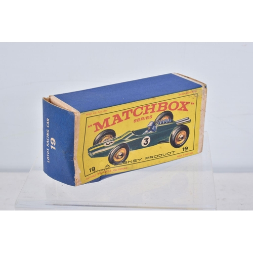 149 - FIVE BOXED MATCHBOX SERIES CAR MODELS, Aston-Martin DBR5 Racing Car, No.19, grey driver RN19, Lotus ... 