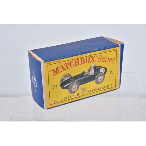 149 - FIVE BOXED MATCHBOX SERIES CAR MODELS, Aston-Martin DBR5 Racing Car, No.19, grey driver RN19, Lotus ... 