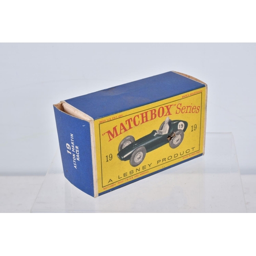 149 - FIVE BOXED MATCHBOX SERIES CAR MODELS, Aston-Martin DBR5 Racing Car, No.19, grey driver RN19, Lotus ... 