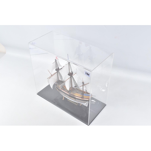 194 - THREE CONSTRUCTED REVELL PLASTIC KITS OF BRITISH SHIPS ALL HOUSED IN PERSPEX DISPLAY CASES, 'Mayflow... 