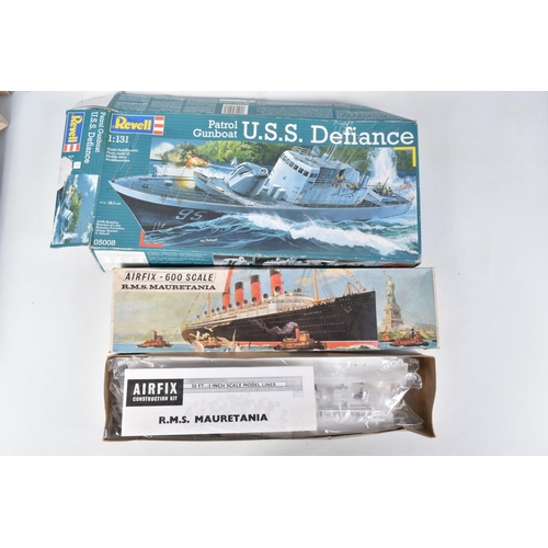 209 - SIX BOXED UNBUILT MODEL SHIP KITS, the first is an Airfix-600 S.S. FRANCE numbered F6025, a Revell 1... 