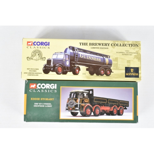 215 - SEVEN BOXED AND ONE UNBOXED MODEL EDDIE STOBART AND GUINNESS VEHICLES, the first a Corgi Eddie Stoba... 