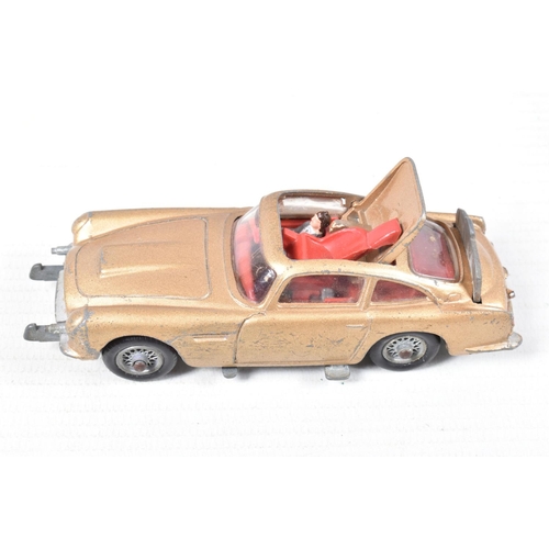 222 - A TRAY OF PLAYWORN DIECAST MODELS AND PLASTIC FIGURES, to include two Corgi James Bond Aston Martin ... 