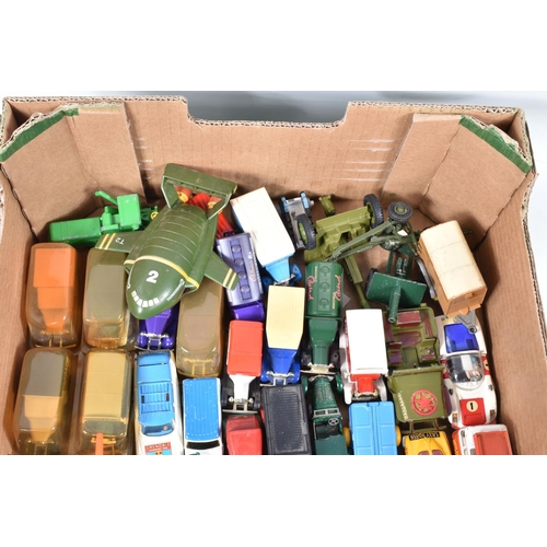 222 - A TRAY OF PLAYWORN DIECAST MODELS AND PLASTIC FIGURES, to include two Corgi James Bond Aston Martin ... 