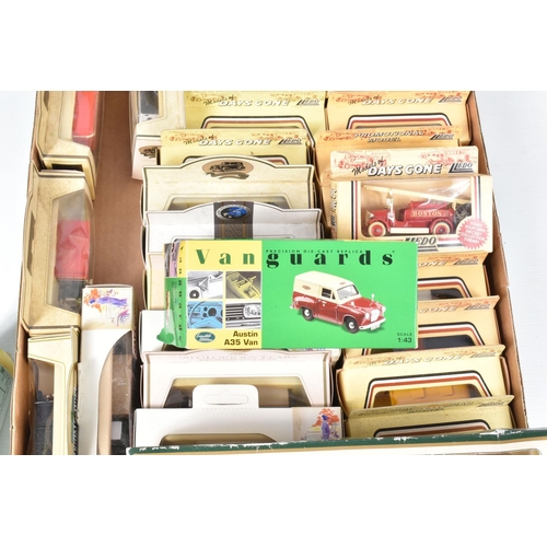 223 - FOUR BOXES OF ASSORTED LLEDO, MATCHBOX AND OXFORD DIECAST MODEL VEHICLES, some of the Lledo models i... 