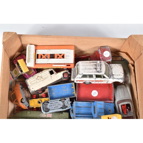 231 - TWO WOODEN FRUIT BOXES CONTAINING PLAYWORN DIE CAST VEHICLES, to include Dinky Range rover missing w... 