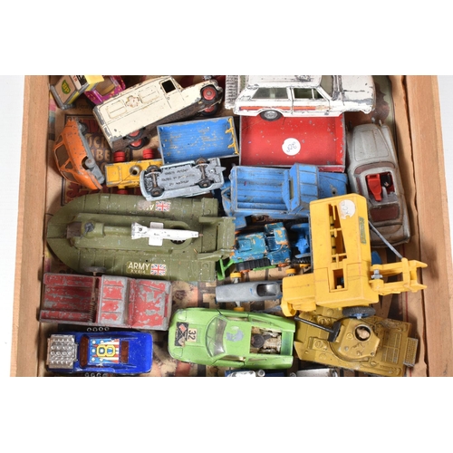 231 - TWO WOODEN FRUIT BOXES CONTAINING PLAYWORN DIE CAST VEHICLES, to include Dinky Range rover missing w... 