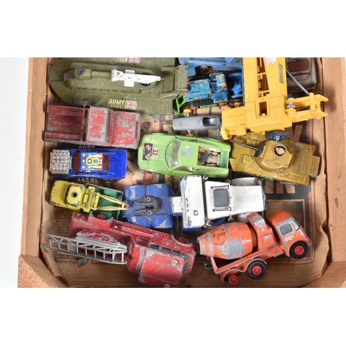 231 - TWO WOODEN FRUIT BOXES CONTAINING PLAYWORN DIE CAST VEHICLES, to include Dinky Range rover missing w... 